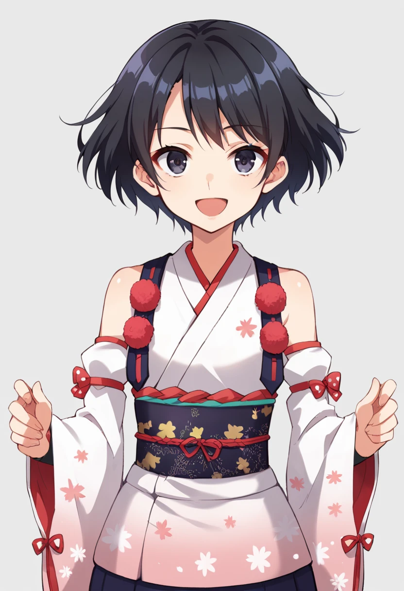 white_background,simple_background,score_9,score_8_up,score_7_up,source_anime,masterpiece,best quality,game cg,1girl,solo,little_girl,<lora:uncloSB69:0.9>,un_clo,short hair,standing,black hair,japanese clothes,detached sleeves,skirt,kimono,obi,wide sleeves,sleeveless kimono,cowboy_shot,smile,looking_at_viewer,front view,open mouth,