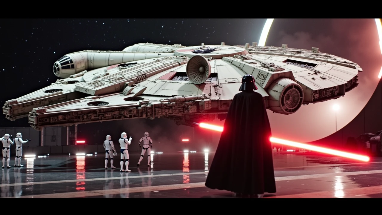 a movie still of a millenium falcon,rear view,taking off at the spaceport,alderan,stormtroopers shooting at the ship,dramatic camera angle,darth vader with a red lightsaber in foreground facing the spaceship,star wars style,lucasfilm,intricate details, <lora:millenium_falcon:1.1>