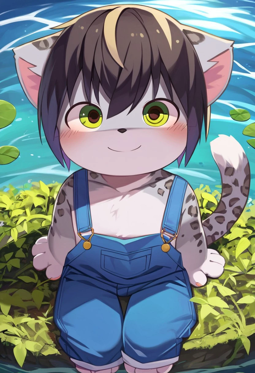 aoino_style, solo, 1boy, furry male, black hair, 4 fingers, cat boy, green eyes, grey cat ears, grey cat tail, grey fur, smiling, leopard marks on skin, pink pawpads, leopard fur, leopard skin, perfect anatomy, detailed skin, detailed eyes, perfect hands, perfect face, smile, blush, BREAK overalls, no shirt, BREAK lake, sitting on the shore, feets on water, looking up, view from above, looking at viewer, outdoors, colorful, BREAK ((ultra-detailed)), ((best quality)), ((best quality)), ((beautiful eyes)), ((extremely detailed)), 4K, (8K), best quality, (beautiful), Master piece, highres, score_9, score_8_up, score_7_up, score_6_up, score_5_up, score_4_up, colorful, best quality, official art, highres, masterpiece, nai3, god light, detailed background, high quality background,