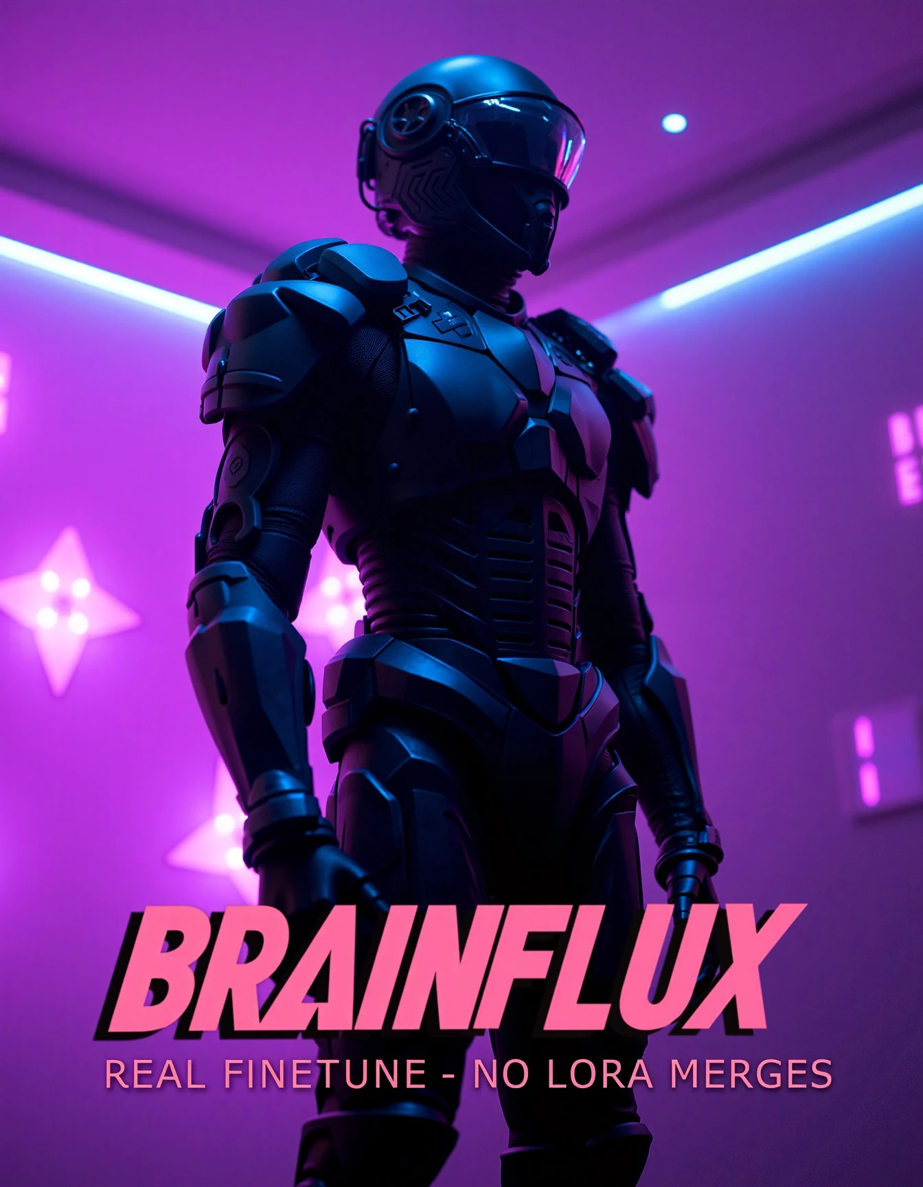 low angle shot of a person wearing a full-body, black exoskeleton suit with futuristic, angular armor plating and a helmet that completely obscures their face in an indoor, neon-lit setting at night. The atmospheric purple lighting creates a vibrant, colorful backdrop with geometric light patterns, casting dramatic shadows and highlights on the suit's contours. The background hints at a high-tech environment, a sci-fi or virtual reality space, adding depth to the composition.

at the bottom of the image, text in 3d letters read the word: BRAINFLUX
right below the word BRAINFLUX, in smaller text the text reads:
REAL FINETUNE - NO LORA MERGES