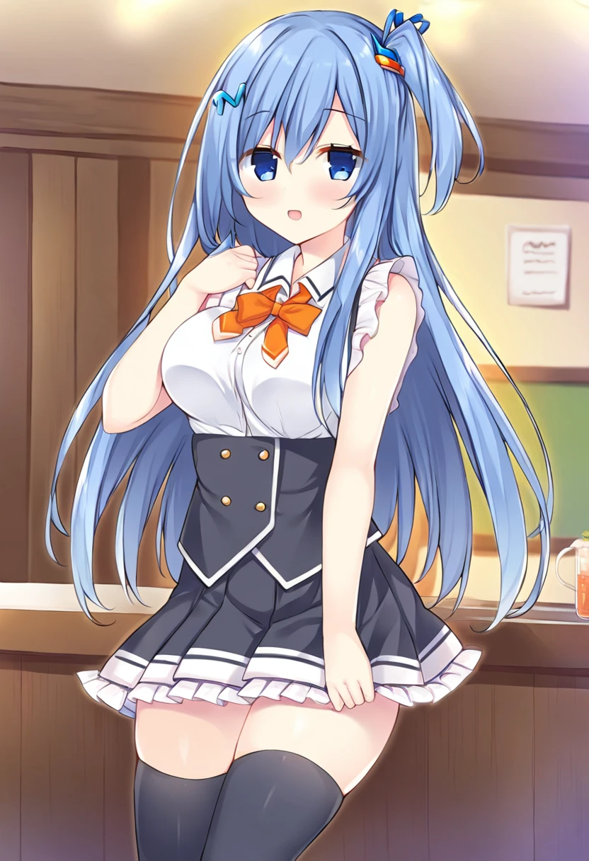 emori miku, blue eyes, blue hair, hair between eyes, blue hairclip, one side up, long hair, medium breasts, :d, white shirt, frills, bare shoulders, sleeveless, orange bow, frilled skirt, pleated skirt, black skirt, thighhighs, indoors, <lora:Character_Emori Miku:0.8>