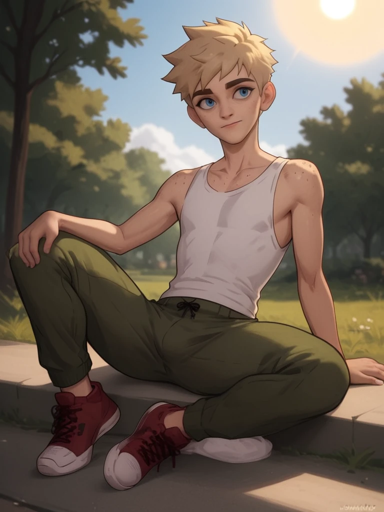 score_9,score_8_up,score_7_up,solo,fullbody,
(teenage:1.2),(1boy:1.2),(18yo:1.2),very short hair,blonde hair,blue eyes,freckles,freckles on body,skinny,(boyish face:1.1),masculin boy,
flat_chest,fit,sexy_male,(toned male:0.6),zPDXL3,strong_jawline,
white tanktop,black_hoodie,sleeveless_hoodie,cargo_pants ,sneakers,(closed mouth:1.1),
day,sun,sky,tree,park,(smile:0.7),looking_ahead,<lora:Tim_Becker:1>,(confused:0.7),posing,<lora:Expressive_H-000001 (1):0.7> Expressiveh,, looking_ahead