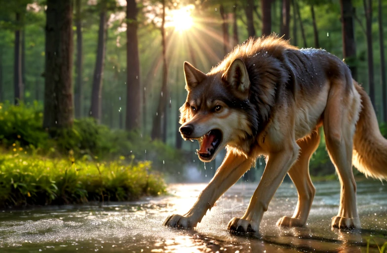 ultra realism, ultra high quality and sharpness in the focus of objects, 4K, 8K, HDR, realistic image with high quality, excellent resolution, clear, detailed and well-focused images, detailed and correct anatomy depicting ((wolf ) ) in the forest, aggressive and menacing expression, snarling, his teeth visible, attacking pose, image dynamics, lighting golden hour, sun rays breaking through the clouds, dusk, rainy and muddy weather, fur wet, drops of water running from his body and head