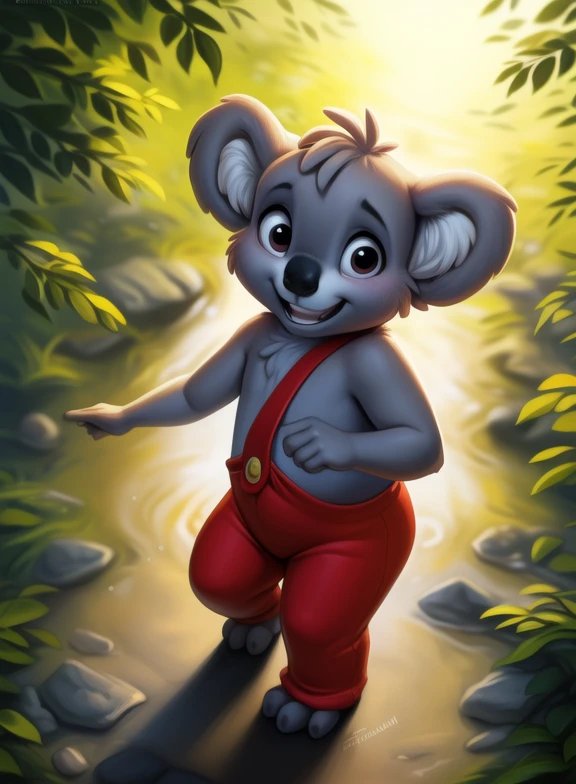 <lora:BlinkyBillAmyRosMilPowAroYif:1> BlinkyBillAmyRosMilPowAro, koala, gray fur, chibi, small body, red pants with suspenders,
Looks at the viewer, [  solo, (nature), forest, day, clouds, waterfall,]  ((dancing , high-angle view, grin))
(beautiful, aesthetic, perfect, delicate, intricate, saturated colors), masterpiece, digital drawing, best quality,
by ulitochka, by taran fiddler, by Silverfox5213, by personalami,