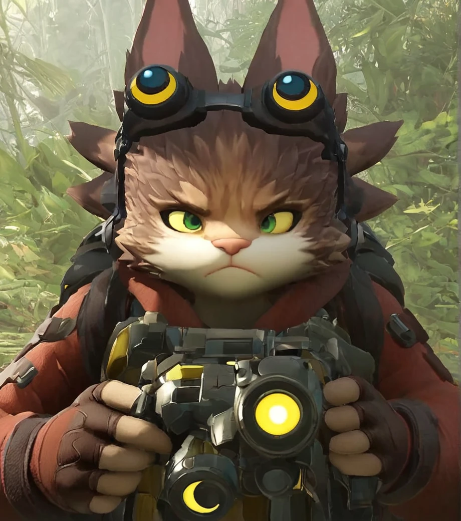 score_9 , score_8_up, score_7_up, portrait , source_cartoon, cel_shaded,
BREAK
solo, tosca, green eyes, yellow sclera, animal ears, googles on head, wearing tech backpack, frown expression,  multi ears, toscacur holding a gun in its hand , in a forest background, furry art <lora:Tosca_-_Crucible:1>