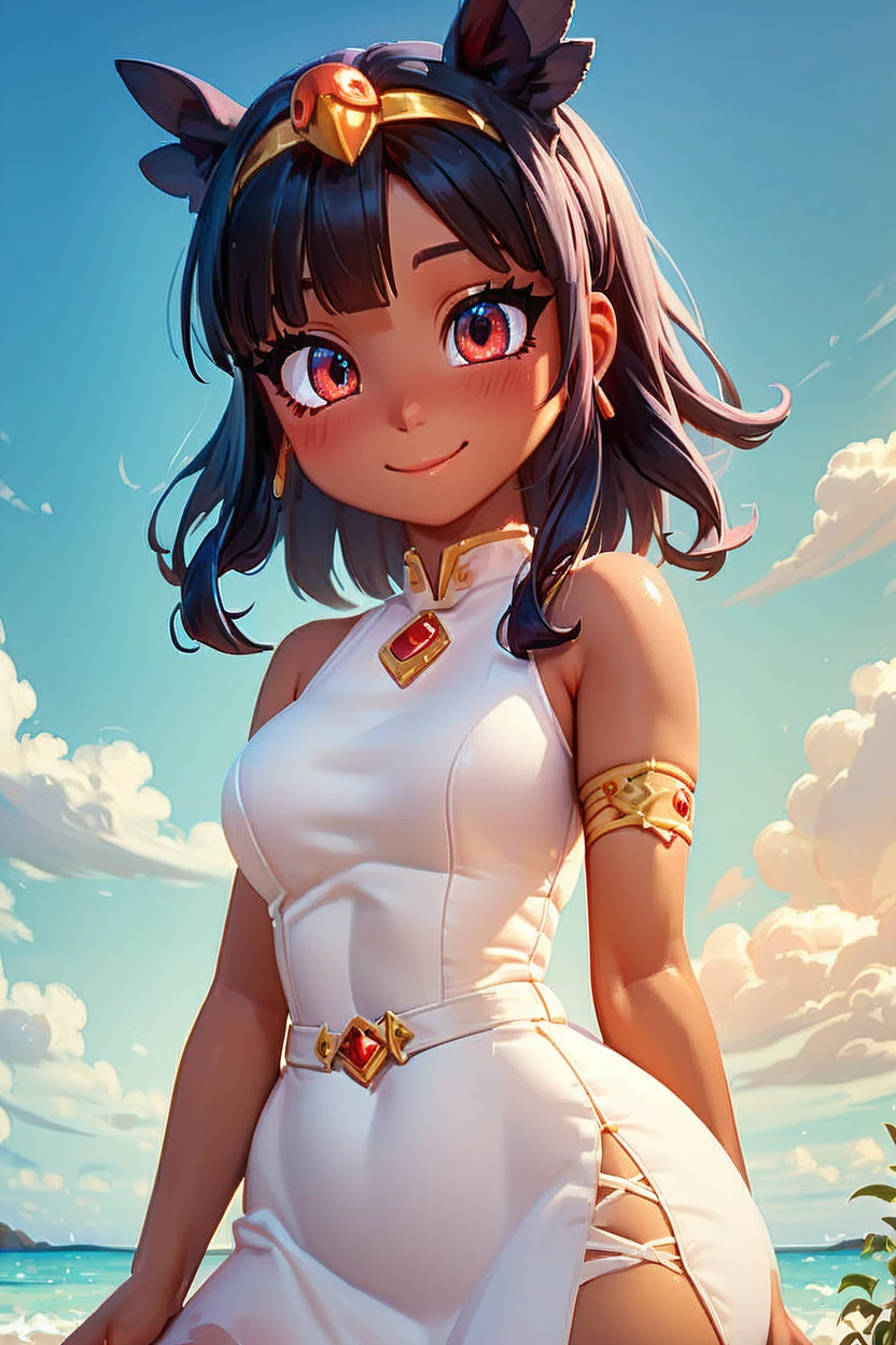 score_9, score_8_up, score_8, medium breasts, (curvy), cute, eyelashes,       BREAK, , zzToto, dark skin, 1girl, blush, black hair, jewelry, sky, day,  bandages, white dress, sleeveless dress,    <lora:Toto_Takatsu_PDXL:0.8>, , BREAK, smile, closed mouth, looking at viewer, cowboy shot, embedding:zPDXL, Expressiveh, <lora:BeautifulCAT_PDXL:1.0>,  <lora:SDXLFaeTastic2400:0.5>,  <lora:Expressive_H-000001:0.4>,