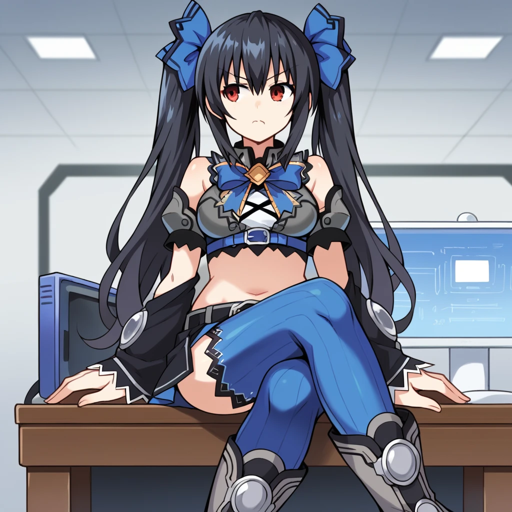 score_9_up, score_8_up, score_7_up, source_anime, masterpiece, best quality, 1girl, solo, NoirCPU, NoireOne, Nor_Alt, ceiling light, desk, monitor, sitting on desk, crossed legs, grey footwear, boots, looking to side, closed eyes, pouting annoyed, noire (neptune series), black hair, twintails, long hair, red eyes, hair ornament, blue thighhighs, thigh strap, crop top, pleated skirt, two-tone skirt, black skirt, blue skirt, underbust, midriff, navel, belt, buckle, blue bowtie, grey shirt, white shirt, ribbed thighhighs, sleeveless shirt, clothing cutout, elbow cutout, wide black sleeves, long sleeves, detached sleeves, mature body, dynamic cowboy shot, indoors, facility laboratory background