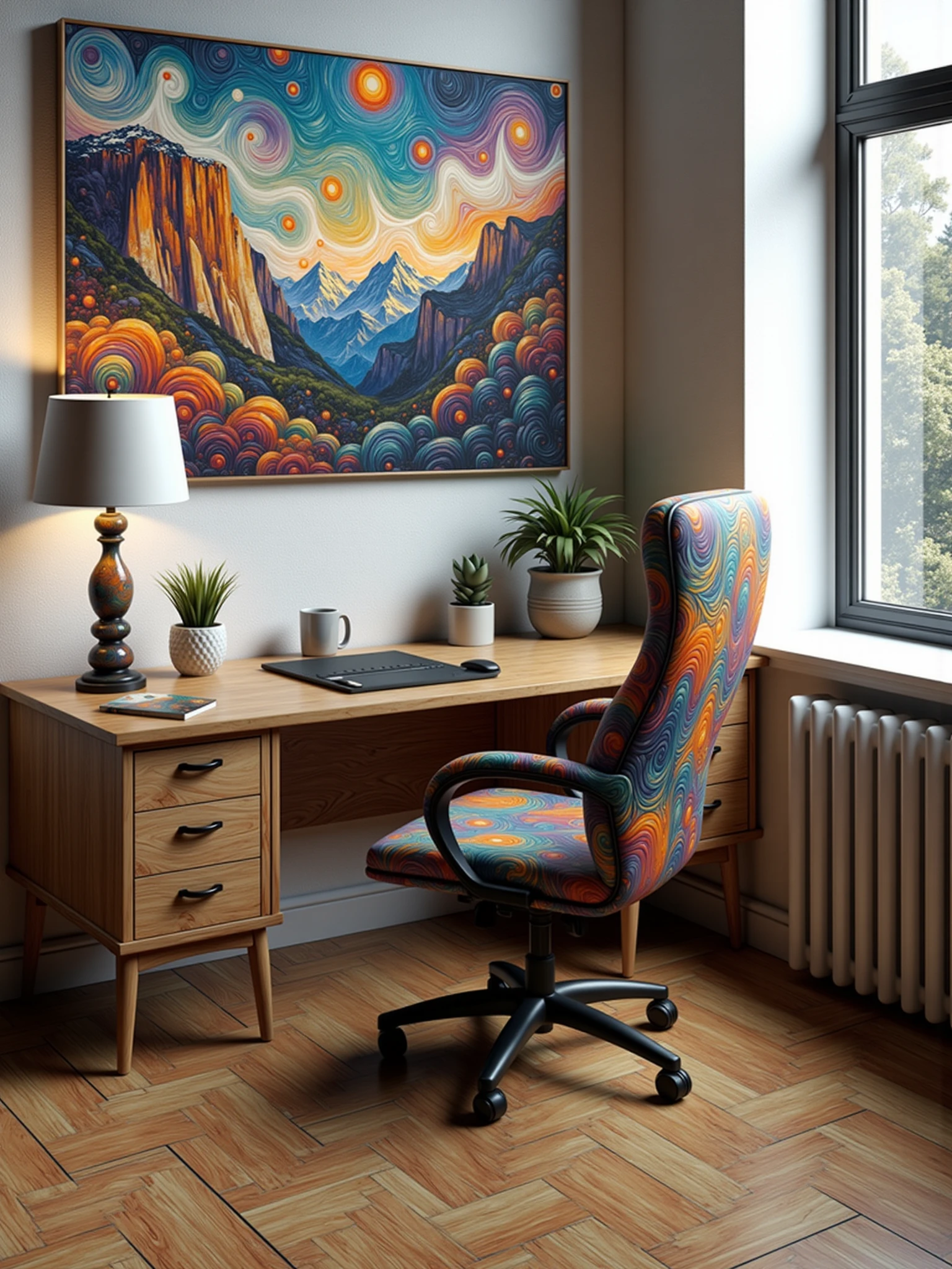 mad-clrflvngghn office chair and wooden desk in an expensive office, photograph of a mountain on the wall  <lora:colorful-vangoghian-pattern-flux:1>