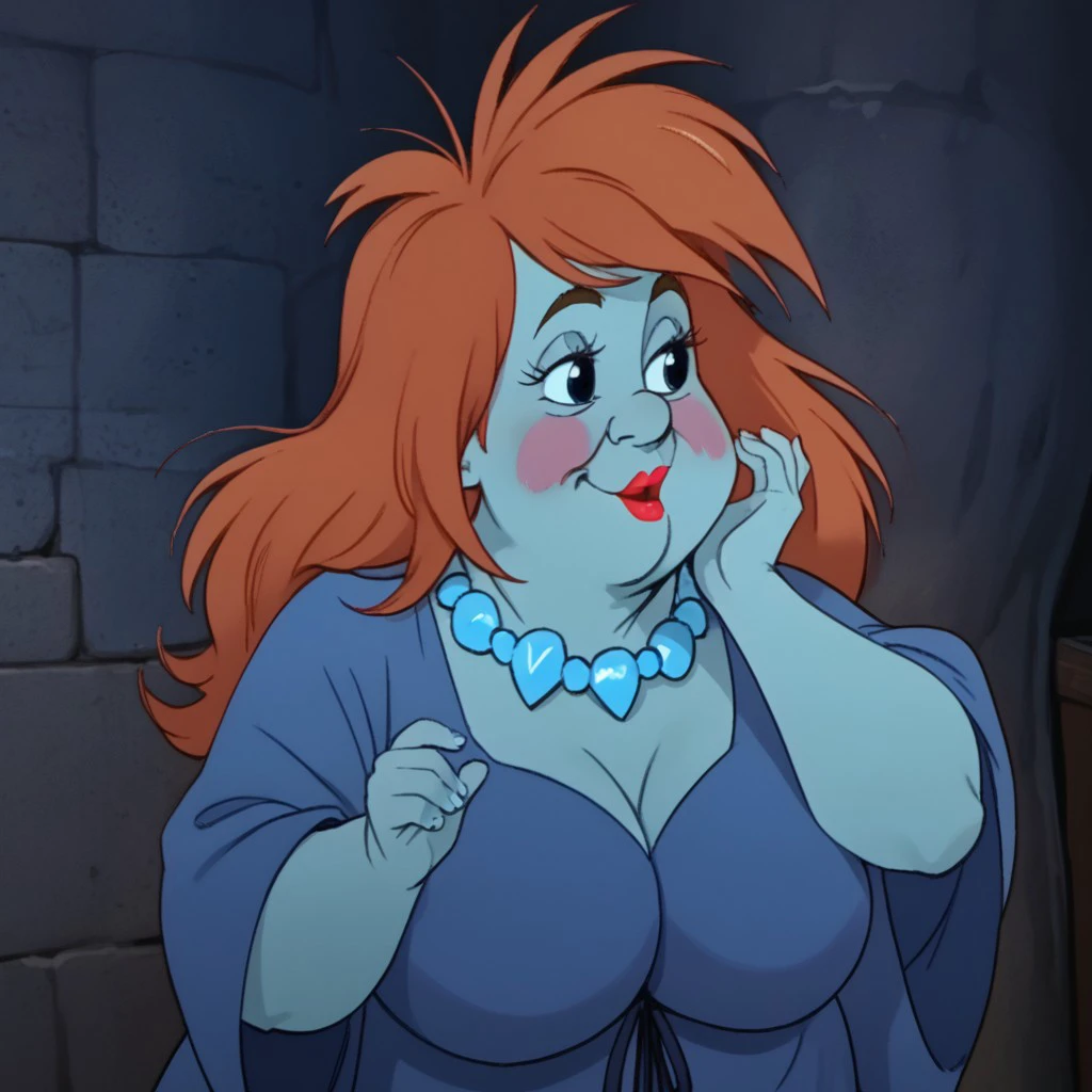 score_9, score_8_up, score_7_up, score_6_up, score_5_up, score_4_up  j_cartoon, Disney, highly detailed, ((detailed shaders)), BREAK,Orwen, necklace, long red hair, (blue skin), Chubby, Long Hair, Black Eyes, Feminine Focus, Cheek Blush, blue dress,