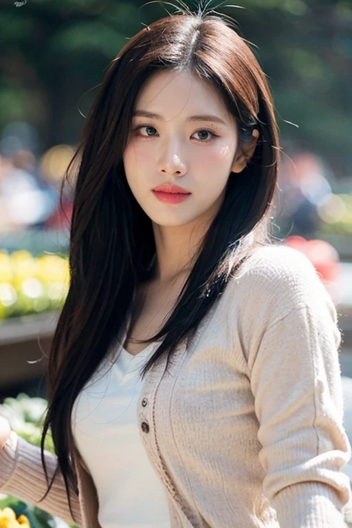 masterpiece, best quality, ultra-detailed, ultra high res, (photorealistic:1.4), raw photo, (realistic:0.2), 8k HDR, realistic lighting, looking at viewer, 1girl, solo, asymmetrical hair, outdoor, sky, (traditional market:1.2), bokeh, (detailed lips), (day), (detailed pores), (detailed skin textures), (detailed face:1.2), (body:1.2), cowboy shot, a woman portrait in a flower sundress, brown cardigan,