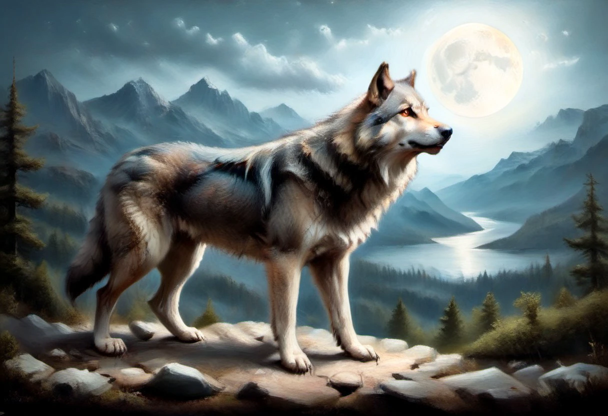 artistic panel painting style image, high quality pastel, excellent resolution, clear, detailed and well focused images, detailed and correct anatomy depicting a portrait of a huge ((wolf )) sitting on a rock, head facing upwards and you towards the moon, insightful view, view from afar, in the mountain, a wooded area beside it, a lake is visible below, clearly visible ((the moon is blood red in full moon)) stars are also visible, the wolf is visible as a (silhouette) under the moonlight , the image expresses a sense of mysticism, mystery