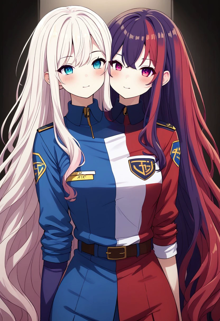 8K, HD, colorful, easynegative, half body, close shot, upper body, conjoined, Japan anime, two heads, BREAK female, random color hair, random ((short hair, very long hair, very long straight hair, wave hair, thick hair, furry hair)), ((2 different hairstyles)), ((2 tones color of hairstyles)), (((2 tones color hair))), ((human)), anime, BREAK female, rival team color, (((2 conjoined girls from 2 different countries))), (((((2 tone color outfit, contrasting left and right outfit, asymmetrical design with varying styles on left and right, dual-style outfit, separate outfit design for left and right sides, ))))), Japanese School uniform, lady, girl, Outdoor hills background, lighting