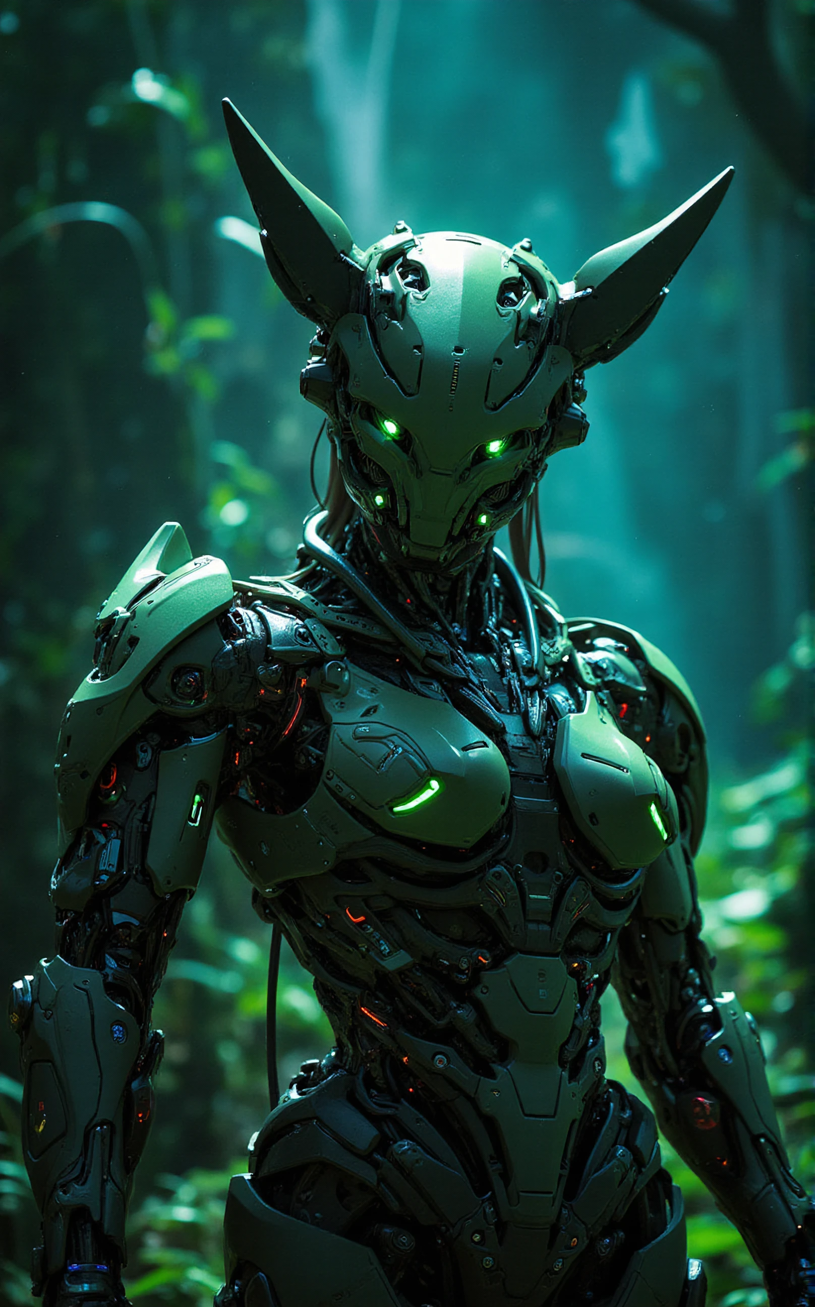 TacExoGear, Exosuit, (off-center composition, dynamic left aligned composition), Rina Daelis is a 32 year old fierce warrior, medium build, dark hair, green eyes, longsword, magic, versatile., Celestial Seraphic Fox Demon in Exotic Exosuit, Telepathic interface helmet, mind-to-mind communication, Lime Green, Electric Blue, Bright Orange, In the heart of a mystical dark forrest, At the edge of a thundering waterfall, cinematic film still cybernetic robot TacExoGear, Exosuit . android, AI, machine, metal, wires, tech, futuristic, highly detailed . shallow depth of field, vignette, highly detailed, high budget, bokeh, cinemascope, moody, epic, gorgeous, film grain, grainy