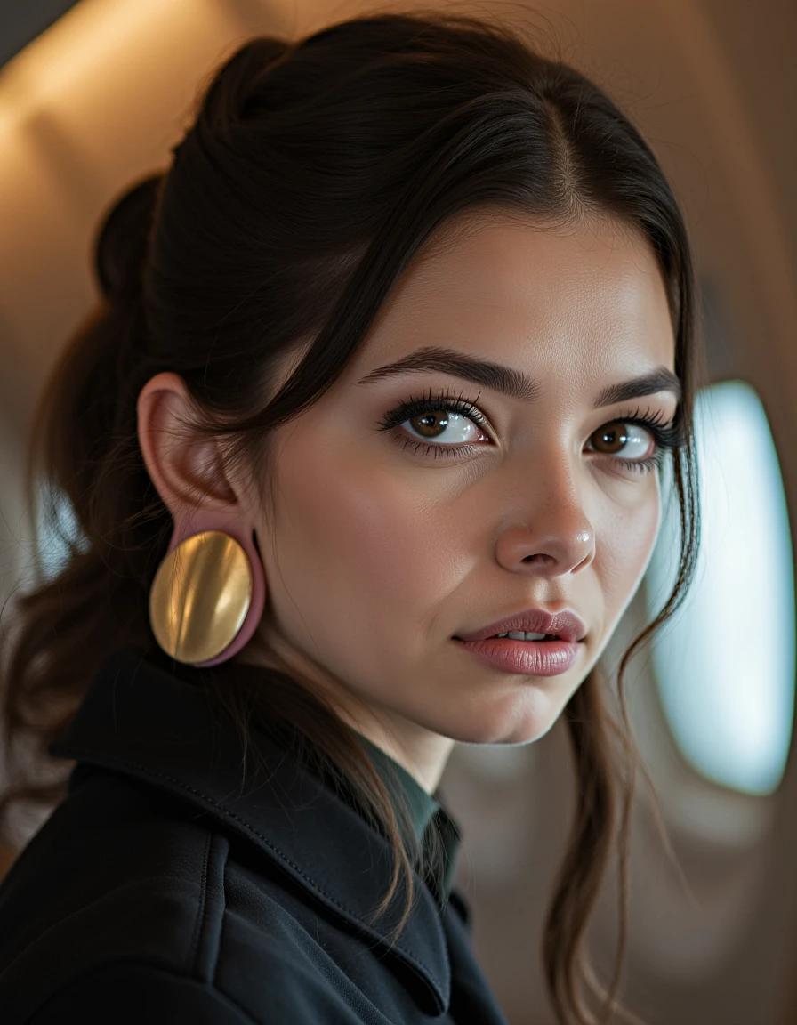 portrait photo of a  young woman's head looking forward with a  Ear Plug , working as  stewards  ininside the first class cabin,  with her extremely large Ear Plug  completely  disturbing the  civilised appearance.<lora:BigStretchedEarPlug:1>