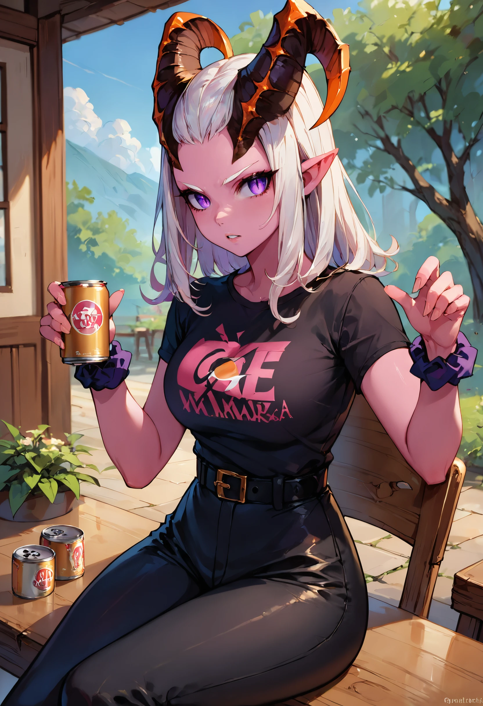 score_9,score_8_up,score_7_up, female, solo, MorrahKR, red horns, curled horns, pink skin, purple eyes, slit pupils, hair slicked back, medium hair, white hair, large breasts, black t-shirt, band shirt, band logo, black belt, high-waist pants, black pants, wrist scrunchie, juice, drinking, can, spill, outdoors, sitting, wooden chair, wooden table, cafe, looking at viewer, impossible shirt, parted lips, fingernails, <lora:morrahkr-ponyxl-beta2-08:1>