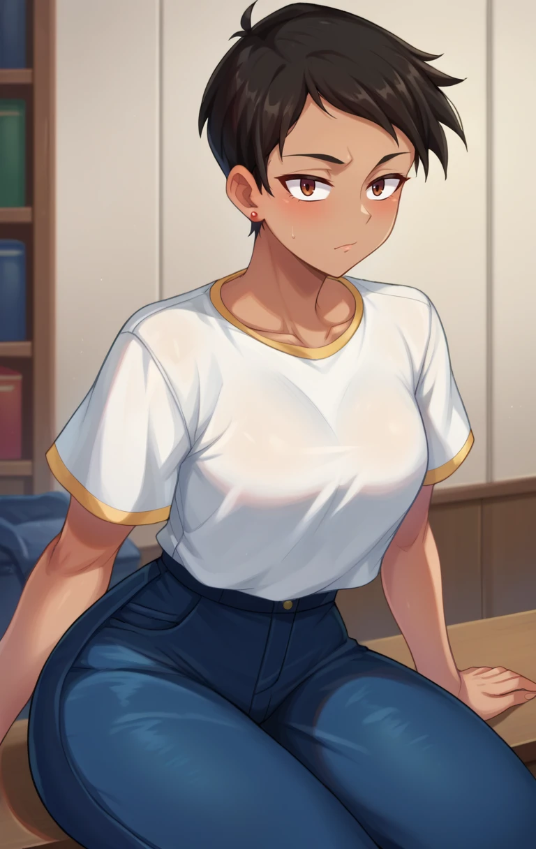 score_9,score_8_up,score_7_up BREAK <lora:lois:1>,LoisSDXL,1girl,short hair,black hair,brown eyes,jewelry,earrings,pants,dark skin,dark-skinned female,blue pants,white shirt,tomboy,room,room background,cowboy shot,sitting,