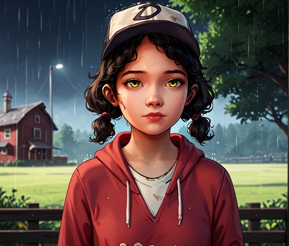 (score_9, score_8_up, score_7_up, score_6_up), clementine, telltale-style, twd, 1girl, hat, solo, dark skin, dark-skinned female, contour lines, baseball cap, quilt, barn interior, dress, black hair, hoodie, yellow eyes, outdoors, rain, storm, dark, dreary, doom and gloom, upper body, pigtails, curly hair, zPDXLrl <lora:Telltale_Walking_Dead_Clementine:1>