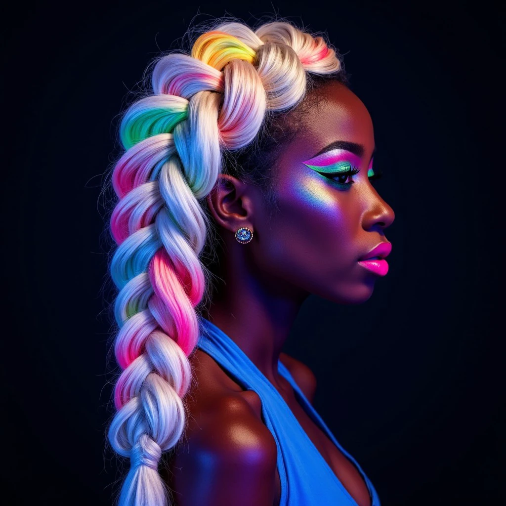 braid_dutch Close-up commercial beauty portrait of a gorgeous ebony model, side profile, thick platinum blonde textured hair in a thick voluminous sculpted braid_dutch that begins at the crown of her head and followed straight down the back, neon rainbow highlights throughout the braid_dutch that glow under the blacklighting, plain metallic black studio backdrop, low key lighting, blacklight, midnight blue Roscoe gel backlighting, bold neon hue makeup, vivid rainbow cut crease eyeshadow, lime green glitter winged eyeliner, holographic highlighter on cheekbones, hot pink glossy lipstick,  wearing electric blue halter top