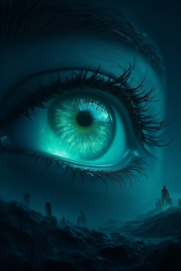 Midjourney style, cinematic style, high quality, realism, chiaroscuro, still film, realism, close-up
in the background, a huge glowing eye dominating the scene. The eye is depicted in shades of blue and green with complex swirling patterns that evoke an otherworldly presence. The setting is a dark starry night sky with a subtle gradient of deep blues and purples.