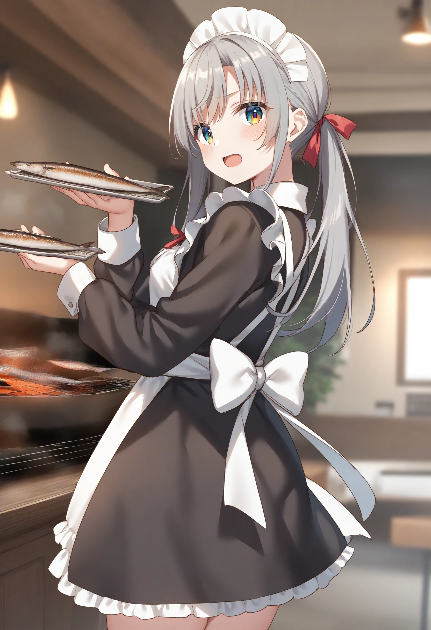 1girl,sincos, ningen mame, toosaka asagi,solo,medium breasts,20yo,maid,maid headdress,
saury, fish, apron, food, tray,holding tray,indoors, <lora:saury_XL_v1:0.8>
from side, cowboy shot, looking back, gray hair, orange eyes,crazy smile, open mouth, lightly curled inwards hair,,
best quality, very aesthetic, absurdres