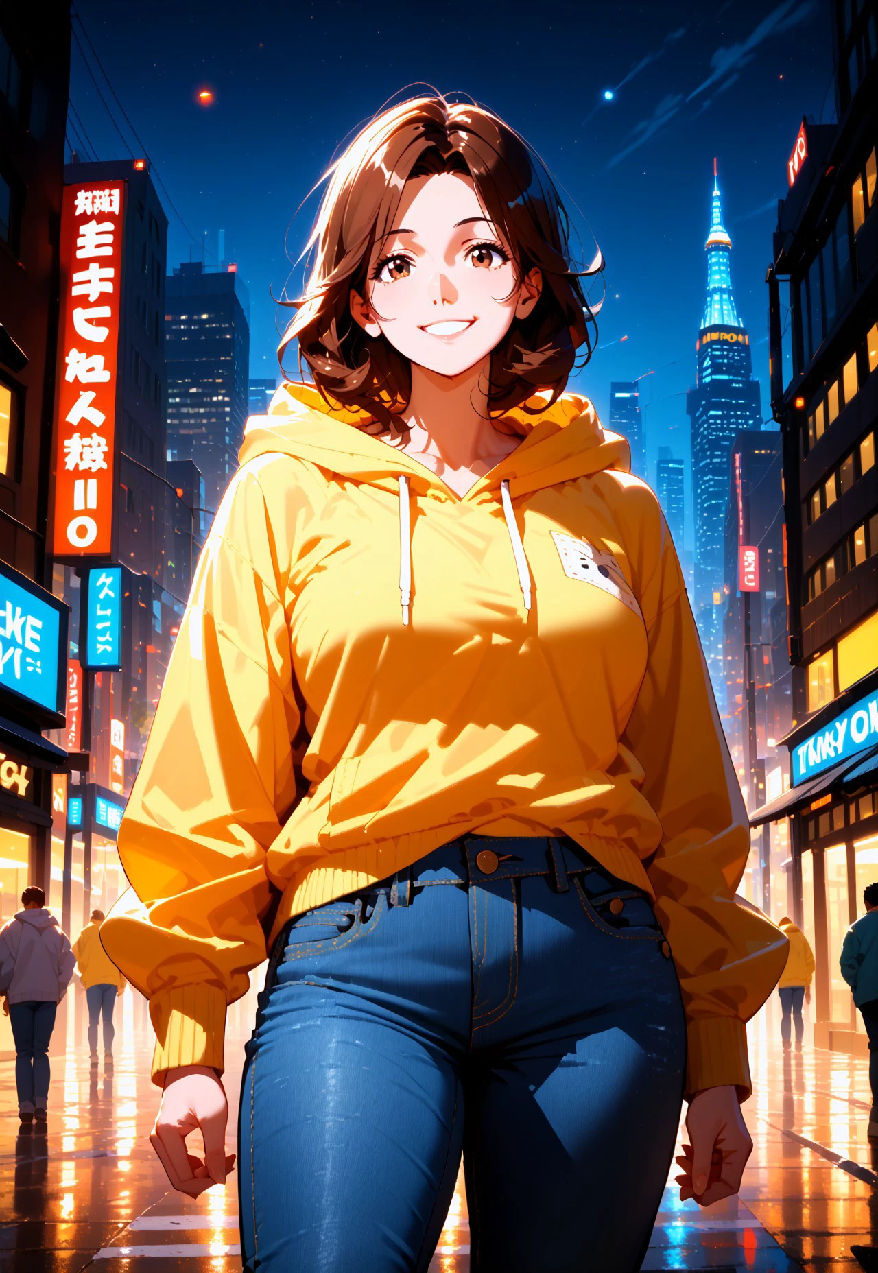 dsk_fantastical_art,  1girl, solo, hood, hoodie, yellow hoodie, hood down, denim pants, smile, medium length hair, updo, brown hair,  brown eyes, mature, voluptuous, tokyo city, dusk, night sky, BREAK PonyXLV6_Scores