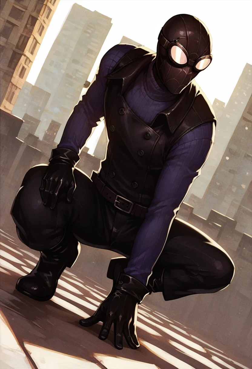 score_9, score_8_up, score_7_up BREAK smnoir, 1boy, squatting, mask, belt, dutch angle, shirt, vest, black pants, black gloves, goggles, boots, buttons, solo, male <lora:Spider-Man_Noir_-_Character_LoRA_PonyXL:0.7>