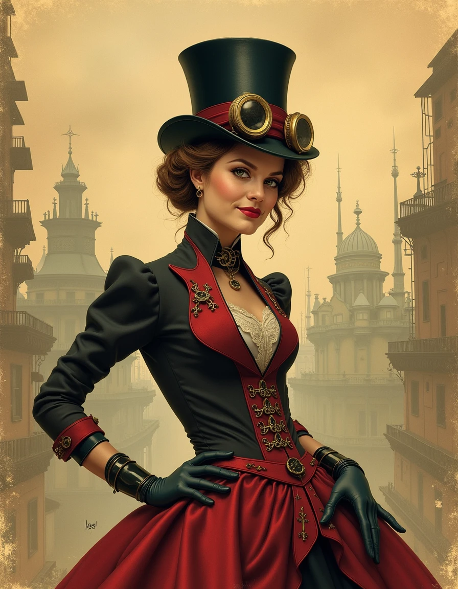 <lora:Vaguely Vintage_epoch_4:0.5>, a vaguely vintage illustration of a woman wearing a steampunk style dress with a top hat and gloves, a steampunk city can be seen in the background