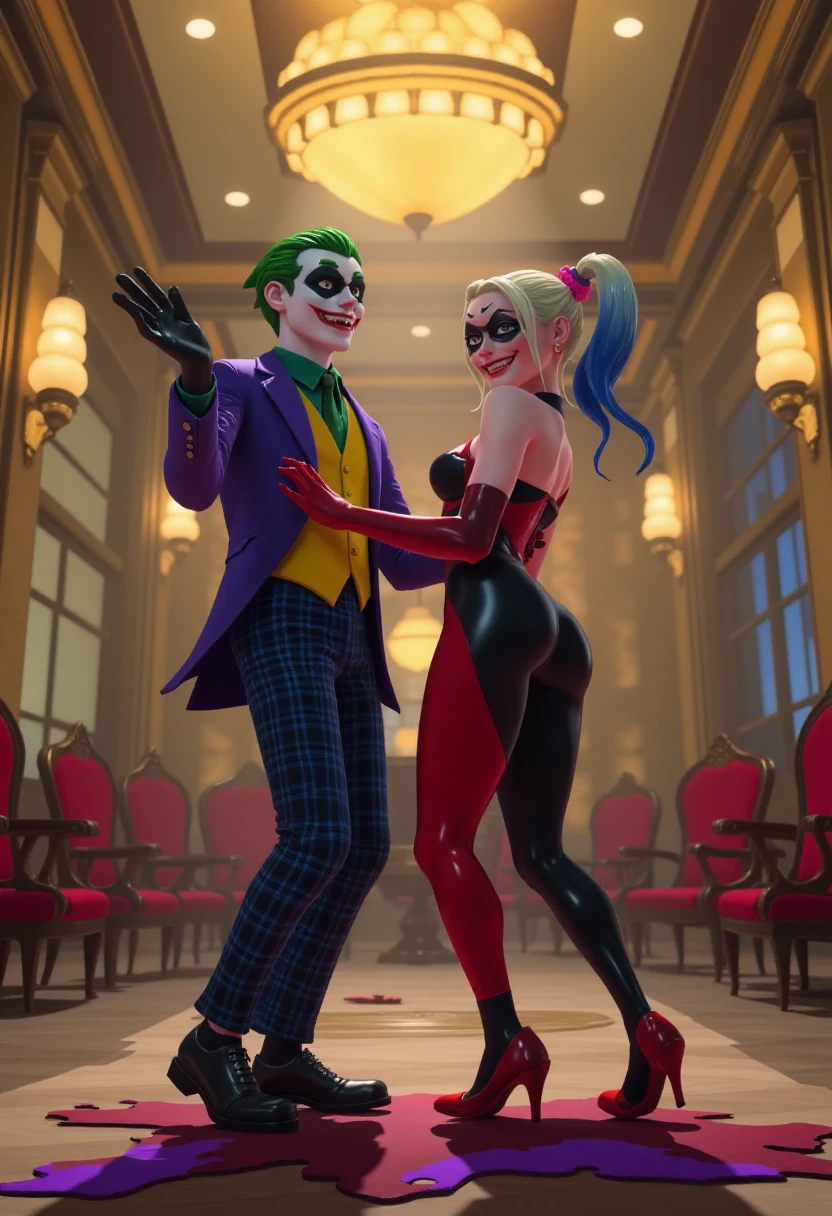 splatoonstyle, The Joker and Harley Quinn dancing in a fancy ballroom.    <lora:Splatoon_Style_F1D-000015:0.7>