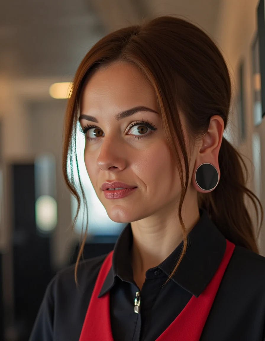 portrait photo of a  young woman's head looking forward with a  Ear Plug , working as  stewards  in a sexy uniform  ininside the first class cabin,  with her Ear Plug  completely  disturbing the  civilised appearance.<lora:BigStretchedEarPlug:1>