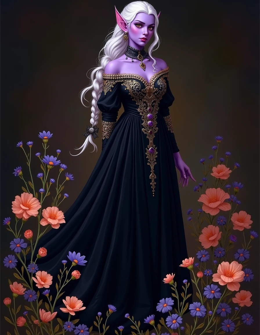 <lora:Vaguely Vintage_epoch_4:0.5>, a vaguely vintage illustration of a dark elf woman posing for a portrait, she wears a long flowing black dress with gold and purple embroidery, she has white hair in a long braid over one shoulder and purple skin and red eyes, the background is dark and she is surroundeed by peach-colored and blue-violet flowers