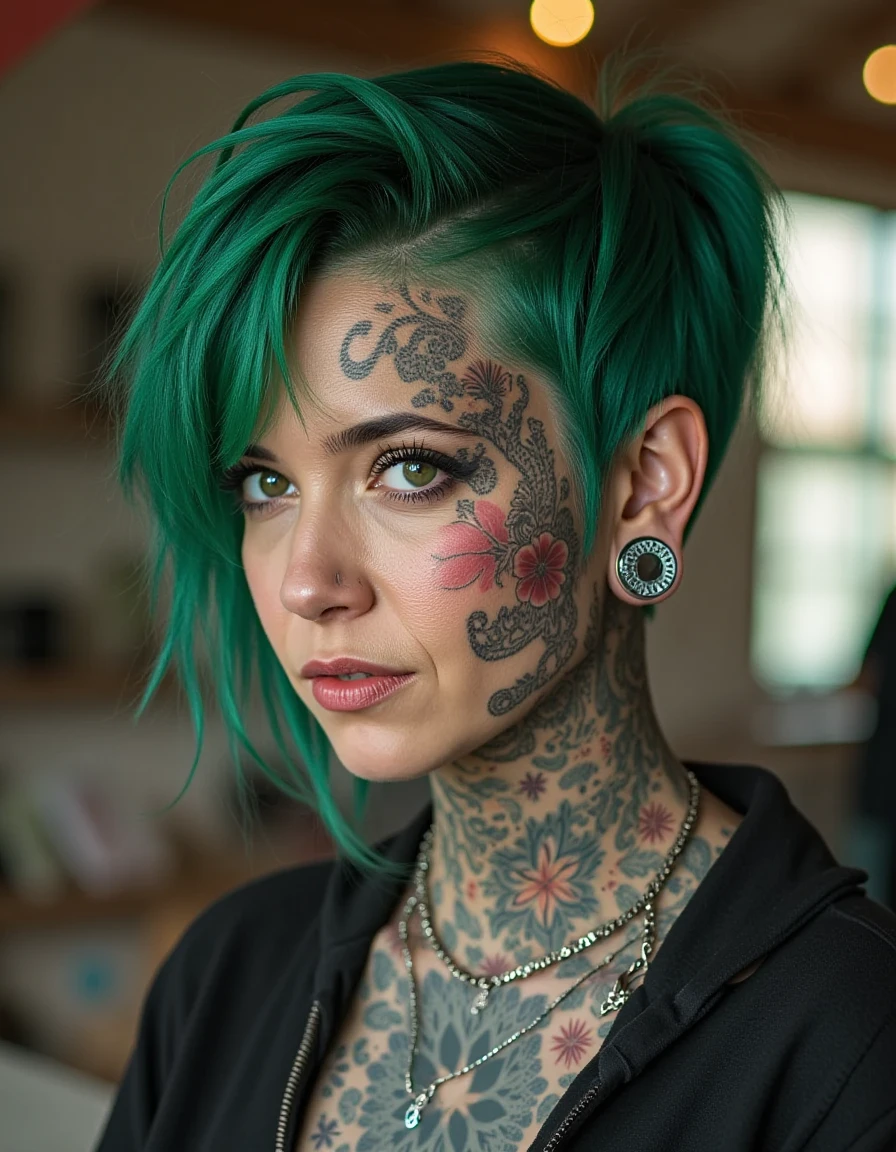 portrait photo of a  young woman's head looking forward with a  Ear Plug , green punk hair, and tattoos of flowers and skulls on her  neck and face fully covered ornate tribal pattern design  below her skin,  as an art teacher in a school crafts room<lora:BigStretchedEarPlug:1>