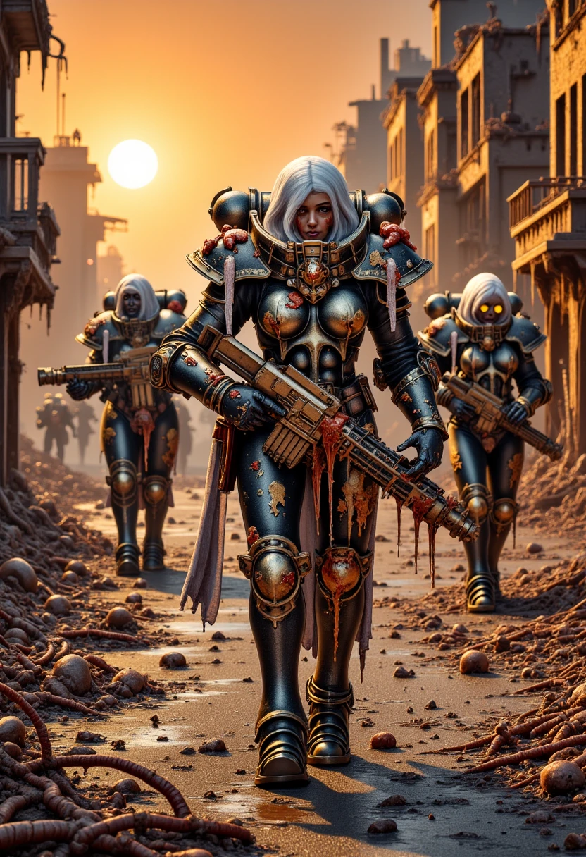 In the midst of a burning city, a squad of Sisters of Battle touched by Nurgle march through the streets, their armor flaking with rot. Each step they take leaves behind a trail of slime and decay, and their bolters, once weapons of the Emperor’s wrath, now spew corrupted rounds, leaking with toxins. Buildings around them collapse into ruin, and the air is thick with the stench of decay. The sun hangs low on the horizon, casting an eerie orange glow, while the Sisters’ glowing eyes pierce the thick fog of the plague-ridden streets.