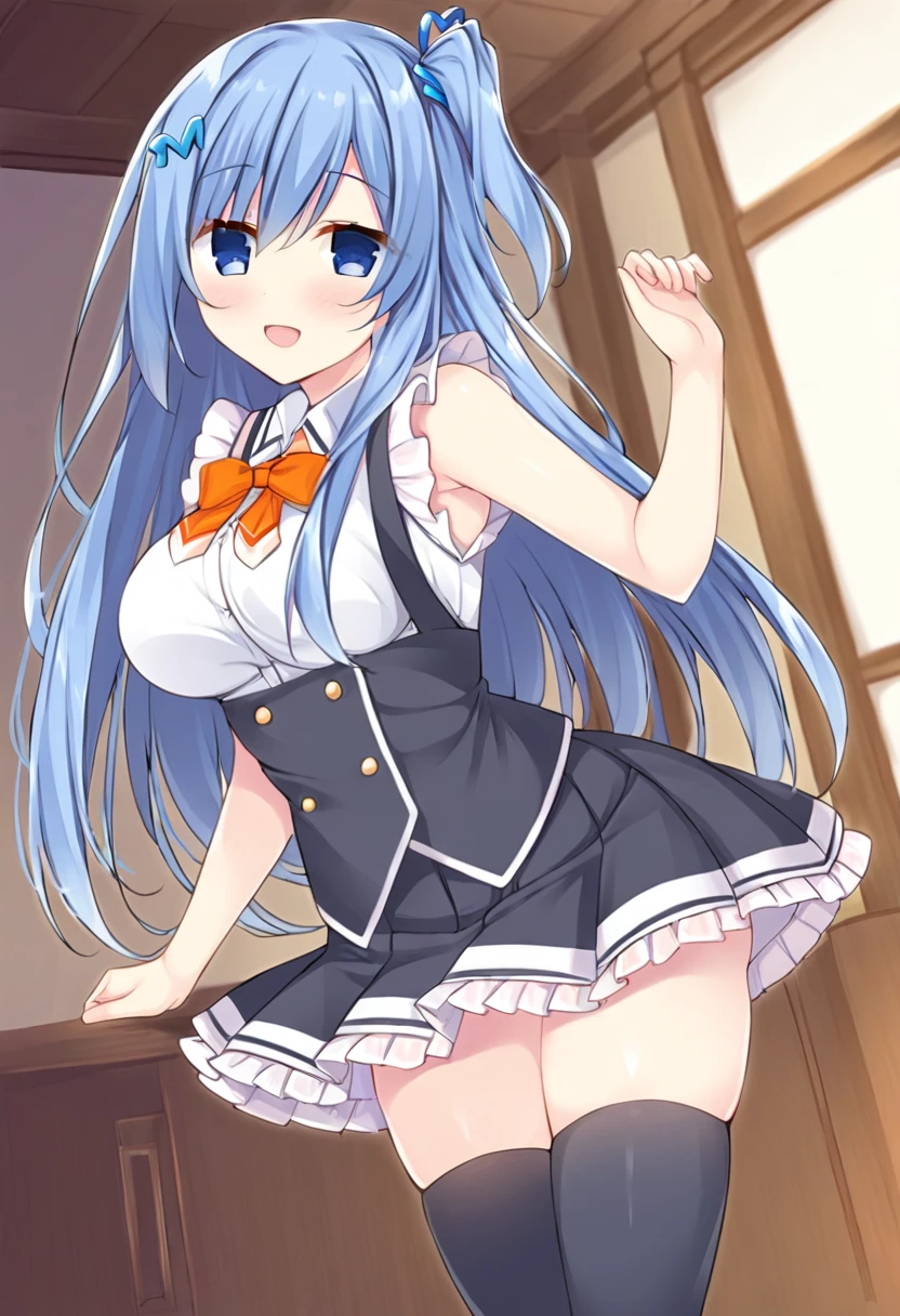 emori miku, blue eyes, blue hair, hair between eyes, blue hairclip, one side up, long hair, medium breasts, :d, white shirt, frills, bare shoulders, sleeveless, orange bow, frilled skirt, pleated skirt, black skirt, thighhighs, indoors, <lora:Character_Emori Miku:0.8>