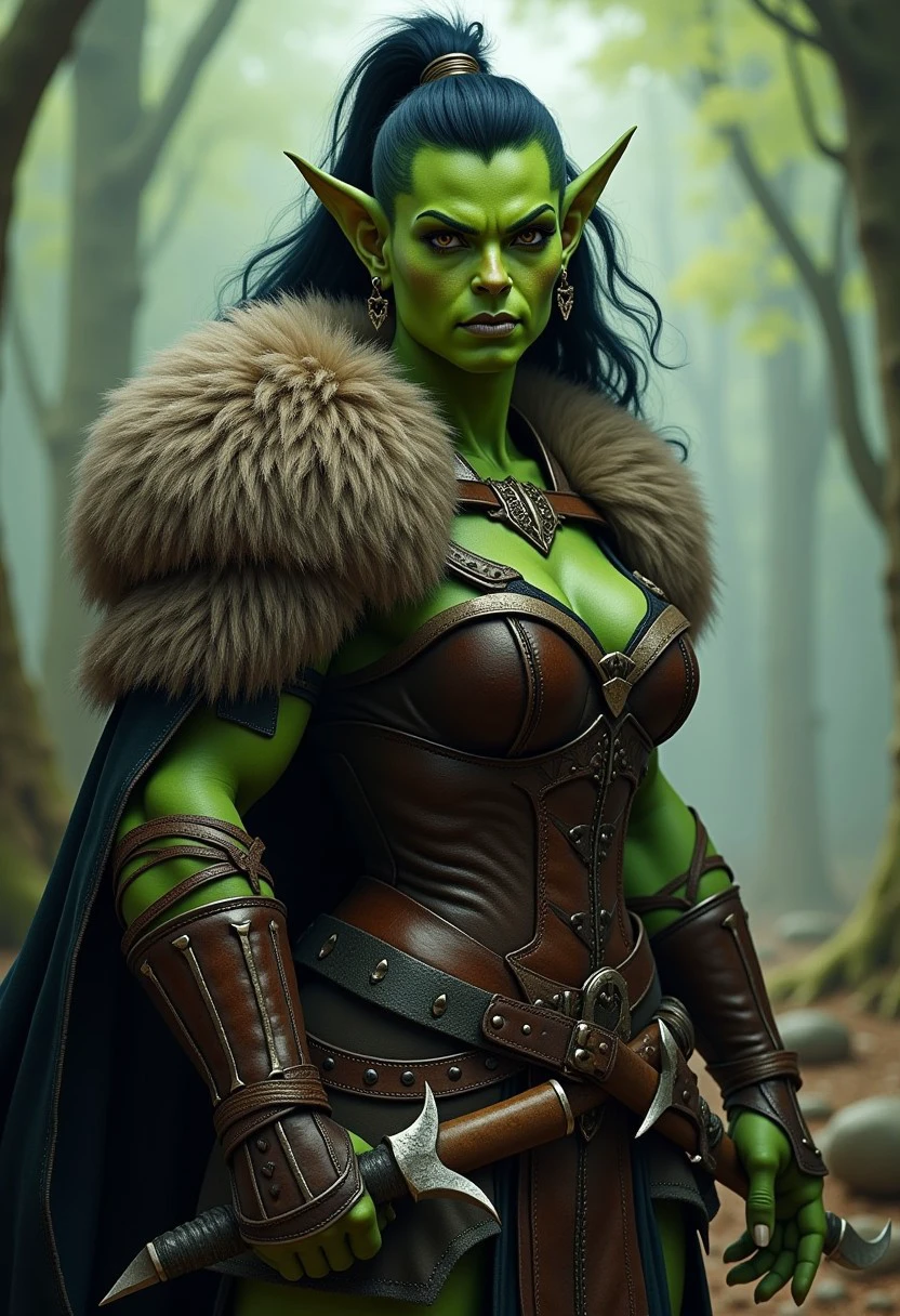 A realistic image of a strong green-skinned orc woman warrior in a fantasy world.