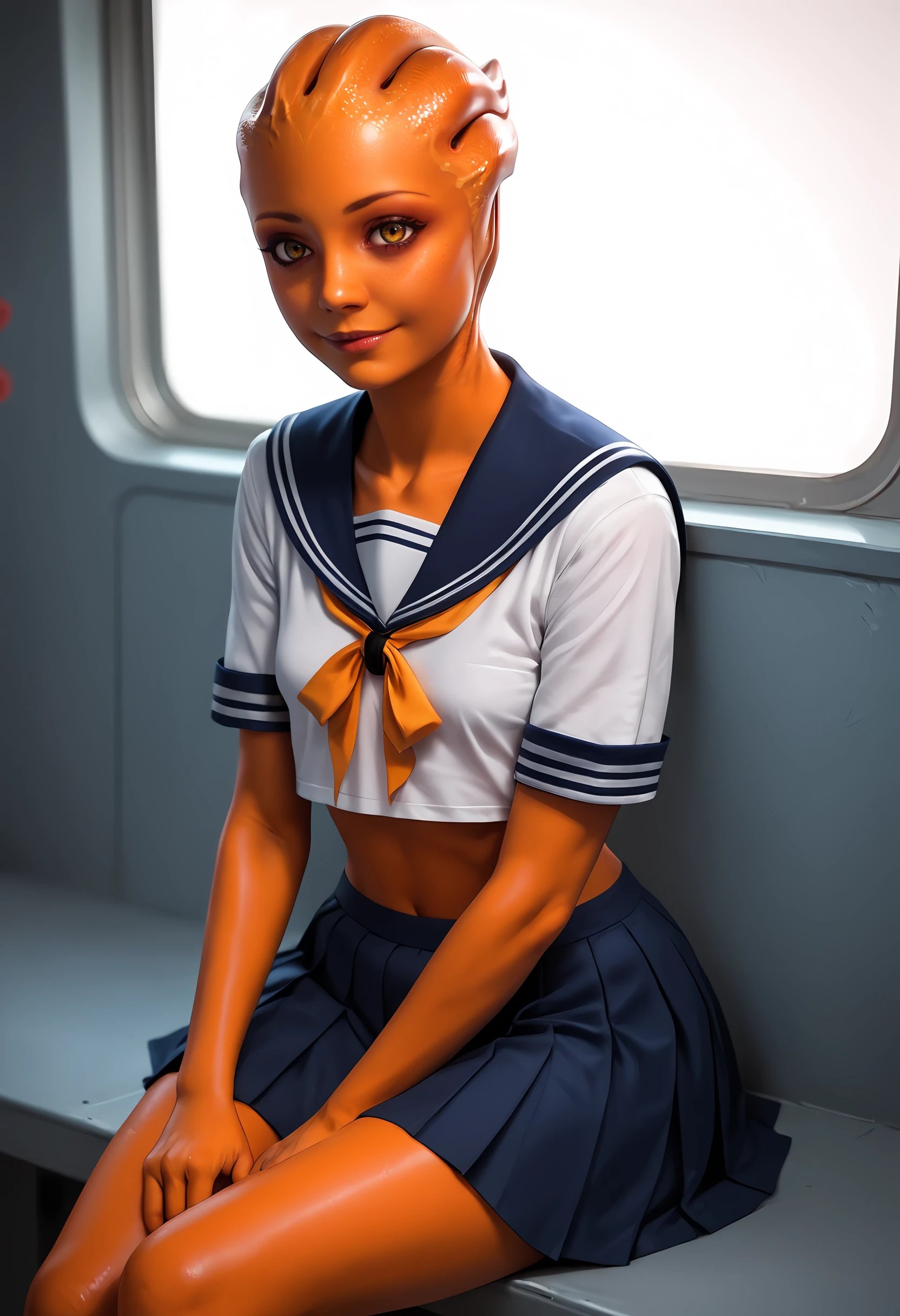 score_9, score_8_up, score_7_up, score_6_up, score_5_up, score_4_up, 1girl, <lora:AsariMEStyle:0.65> ,  asarix, alien, colored skin, (orange skin:1.2), bright eyes, small breasts, looking at viewer, standing, seifuku, wearing sailor outfit, smile, sitting, 
school,