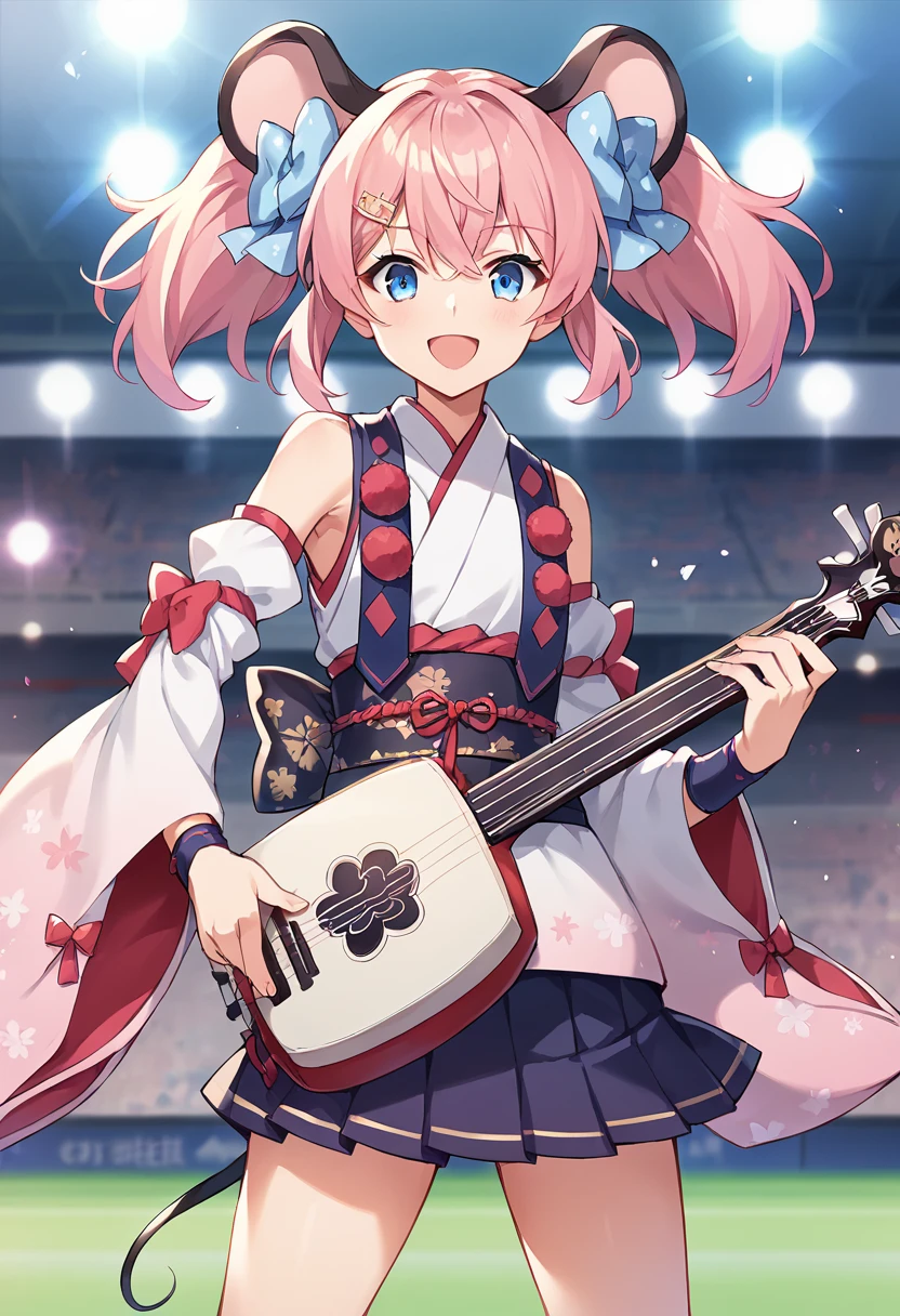 score_9,score_8_up,score_7_up,source_anime,masterpiece,best quality,game cg,1girl,solo,little_girl,playing_instrument,holding guitar,instrument,guitar,(upper_body:1.1),cowboy_shot,un_(show_by_rock!!),pink hair,animal ears,blue eyes,mouse ears,twintails,tail,mouse tail,hair ornament,hair bow,japanese clothes,detached sleeves,skirt,kimono,obi,wide sleeves,sleeveless kimonos,looking_at_viewer,<lora:unSB69:1>,hairclip,tail ornament,kind_smile,open mouth,stadium,