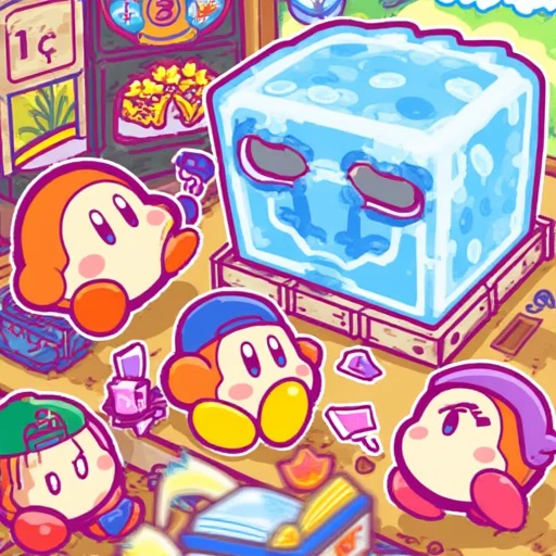 with the Camera Waddle Dee having frozen into a block of ice. In the background, and Poppy Bros. Jr., and Sailor Waddle Dee. To the left, Portrays a blank scene where the Waddle Dee Report Crew is interviewing a 1-Up, Nago, as the real Kirby stares puzzled at them. Other dolls in the machine include Waddle Dees, featuring a small