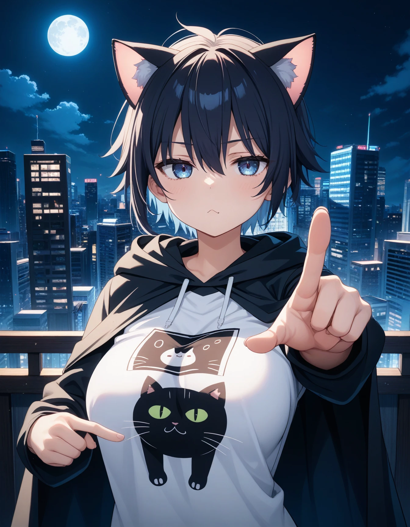 masterpiece,best_quality,
BREAK
1girl,
large_breasts,
jitome,
tomboy,
cat_ears,
hooded_cape,
cat_print_shirt,
pointing,
upper_body,
BREAK
moon_night,
skyscraper,