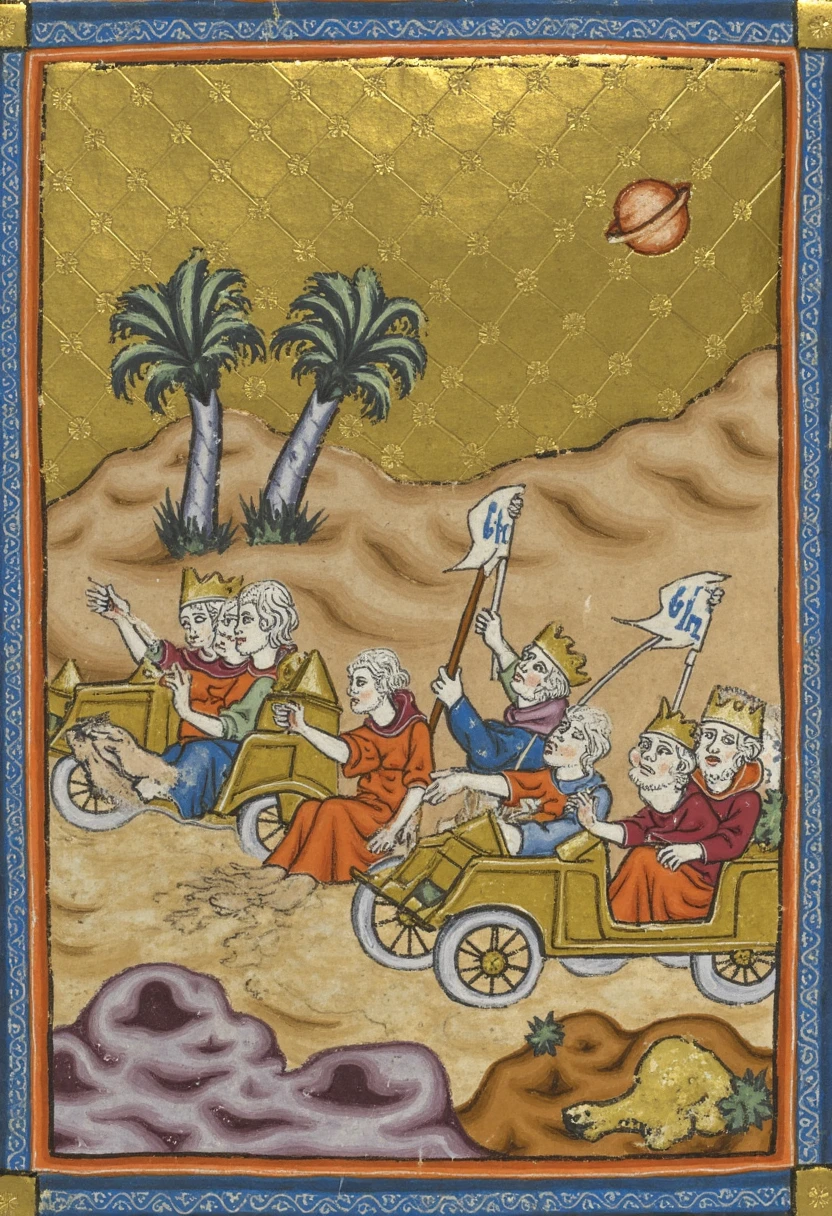 An illuminated manuscript illustration of a thrilling chariot race, but with ancient, fantastical cars racing through a desert landscape. The cars are sleek, golden contraptions powered by magical runes, each adorned with intricate symbols and banners fluttering in the wind. Dust kicks up as the racers navigate treacherous sand dunes, with mythical creatures, like griffins and serpents, woven into the border, watching the race. The drivers wear flowing robes and jeweled helmets, leaning into the speed of their enchanted vehicles. The background is decorated with golden arches and palm trees, while celestial bodies hover in the sky, casting an otherworldly glow over the scene. The composition is dynamic, filled with motion and detailed embellishments, golden haggadah style