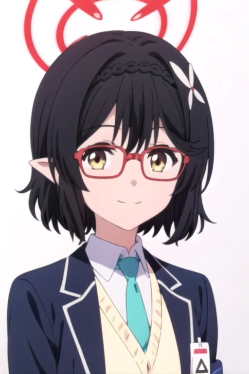 solo, 1girl, looking at viewer, 2D, anime, official style, anime coloring, anime screencap, upper body, (simple background, solid white background:1.3), <lora:ayane-bluearchive:0.8>, ayane okusora, glasses, necktie, jacket, hair ornament, smile