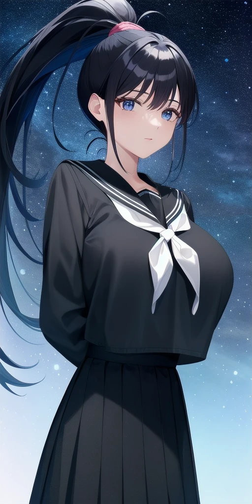 <lora:AchikaV7:0.7> masaki_achika_high_ponytail, huge_breasts, standing, solo, arms_behind_back, starry_sky, black_shirt_black_sailor_collar_white_neckerchief_long_sleeves_black_long_skirt, masterpiece, best_quality, detailed_face, detailed_eyes, highres, beautiful, detailed, absurdres,