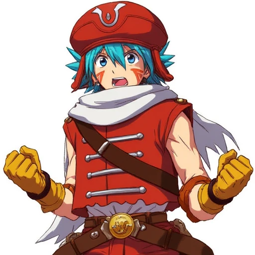 and a red sash around his waist., spiky, spiky blue hair and a determined, wide-brimmed hat adorned with a white emblem, The image is a digital drawing in an anime style, suggesting surprise or excitement., and a white scarf wrapped around their neck. Their attire includes a red, a brown belt with a golden buckle