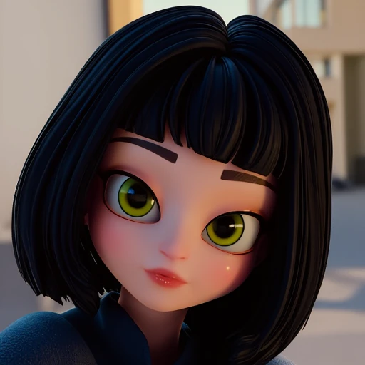 with a hint of a dark, shoulder-length hair styled in a sleek, visible beneath a dark jacket or cardigan., CGI-rendered digital illustration featuring a young girl with a distinctive, bright green eyes with a hint of mischief in their expression. Their hair is a vibrant, bright green eyes. She has a playful, expressive green eyes with a slightly teary look