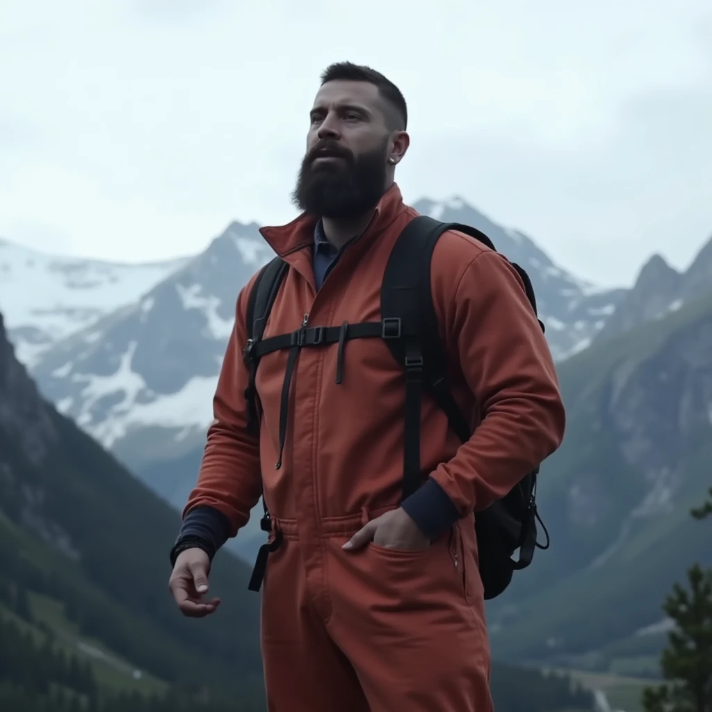 man, beard, wearing a jumpsuit, mountain looking at camera, br4dl3y