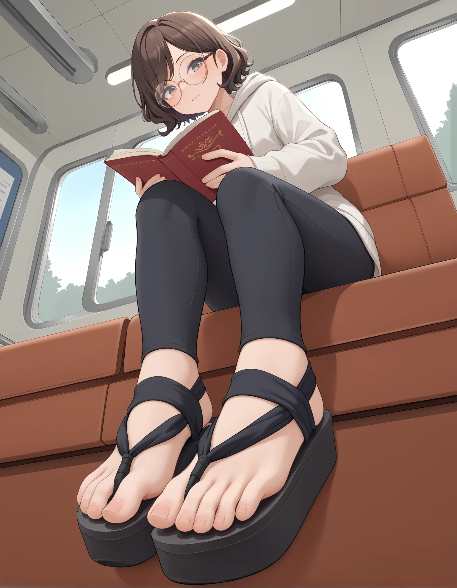 1girl, 

sitting, interior, train,

from below,

reading a book,

yoga pants, hoodie,

brown hair, short hair, curly hair, 

(s4nuk sandals:1.2), perfect feet, feet, toes, (platform footwear:0.8), 

(foreshortening), perspective,

round glasses, 

color grading,

embedding:zPDXL2 ,