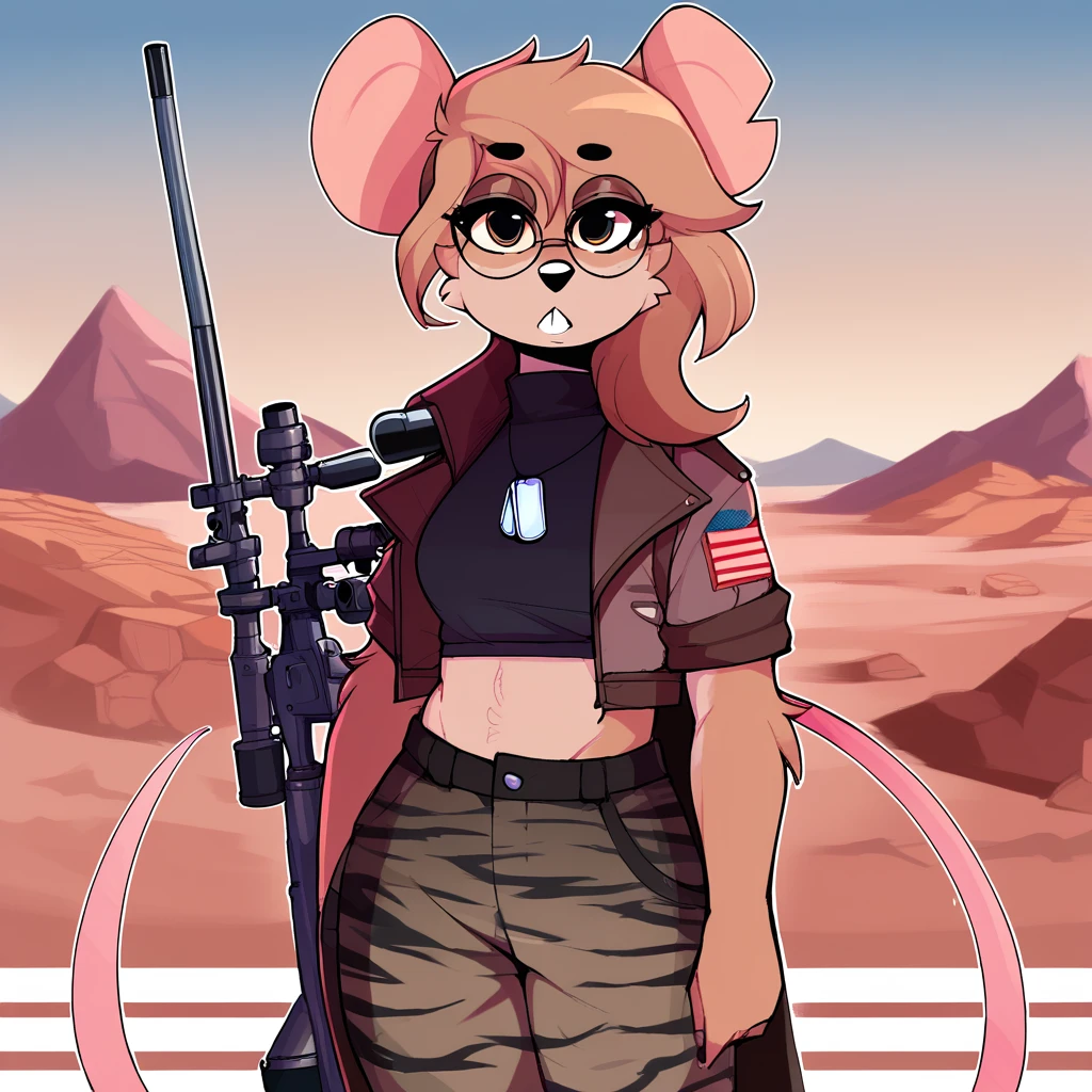 score_9_up, score_8_up, score_7_up, score_6_up, furry female, by remanedur, leah_pines(a.i.m), mouse, (round glasses), lying, crop top, dog tags, camo print, sniper rifle, cape, jacket, black miniskirt, combat boots, leaning, leaning against wall, building, outside, desert, (solo), head tilt, sniper rifle, standing, looking at viewer, <lora:Leah_Pines(AIM)_XL_v1:1>,  <lora:PDXL_artist_tags_v2_big:0.6> <lora:The-Minuscule-Task_PDXL_v1.0:0.6>