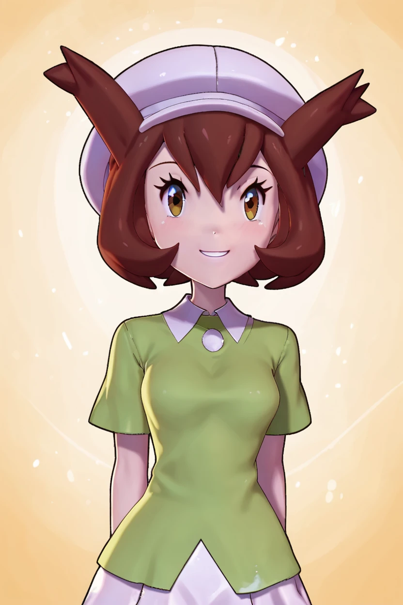 score_9, score_8_up, score_8, medium breasts, (curvy), cute, eyelashes,       BREAK, ,  zzBianca,  brown hair,  brown eyes, medium hair,   hair between eyes, short sleeves, green shirt, collared shirt, white hat, skirt, white skirt,  <lora:Bianca_PokemonHeroes_PDXL:0.7>, , BREAK, smile, looking at viewer, cowboy shot, embedding:zPDXL, Expressiveh, <lora:Zy0n7_PDXL:1.0>,  <lora:SDXLFaeTastic2400:0.5>,  <lora:Expressive_H-000001:0.4>,