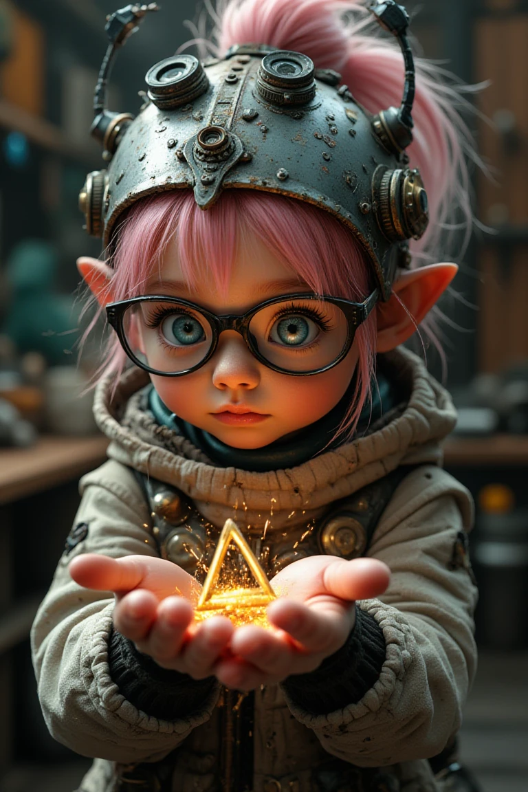Midjourney Style, Cinematic Style, High Definition, Realism, Chiaroscuro, Still Film, Realism,
A close-up of a young female gnome with short, spiky pink hair and pale, freckled skin, looking through thick, multi-lens glasses at a tiny metal triangle hovering just above her palm. Her bright blue eyes are full of curiosity and excitement as the triangle emits tiny sparks of electricity in her magical workshop filled with strange, half-finished machines and gadgets. She wears a long patchwork coat made of different materials, some metallic and others organic, with strange tools and gears sewn into the fabric. A wide-brimmed metal helmet, equipped with additional lenses and tiny antennae, rests on her head, completing her eccentric look.