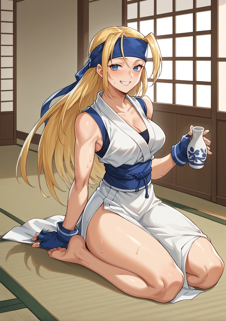 1girl, long hair, antenna hair, blonde hair, blue eyes, headband, japanese clothes, sleeveless, obi, fingerless gloves, side slit, bare legs, barefoot, sitting, kneeling, indoors, tatami, drunk, sweat, smile, looking at viewer, holding sake bottle <lora:Yuki_Last_Blade:1>, score_9, score_8_up, score_7_up, score_6_up, score_5_up, score_4_up, BREAK source_anime, masterpiece