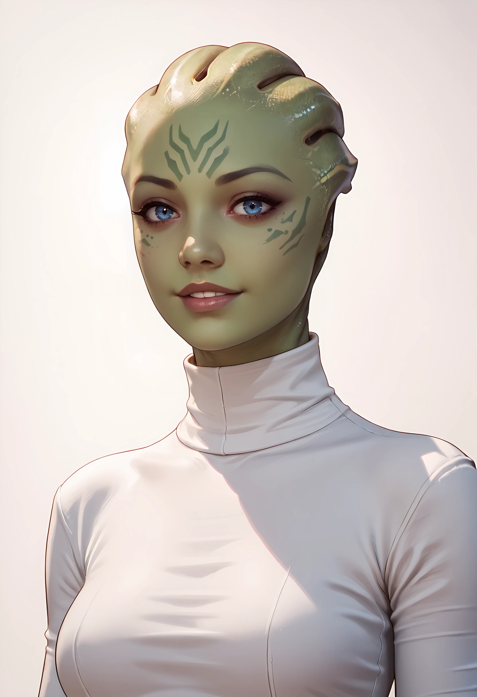 score_9, score_8_up, score_7_up, score_6_up, score_5_up, score_4_up, 1girl, <lora:AsariMEStyle:0.55> , asarix, alien, colored skin, green skin, blue eyes, upper body, wearing a white turtleneck, medium breasts, turtleneck, smile, facial mark,
simple background,